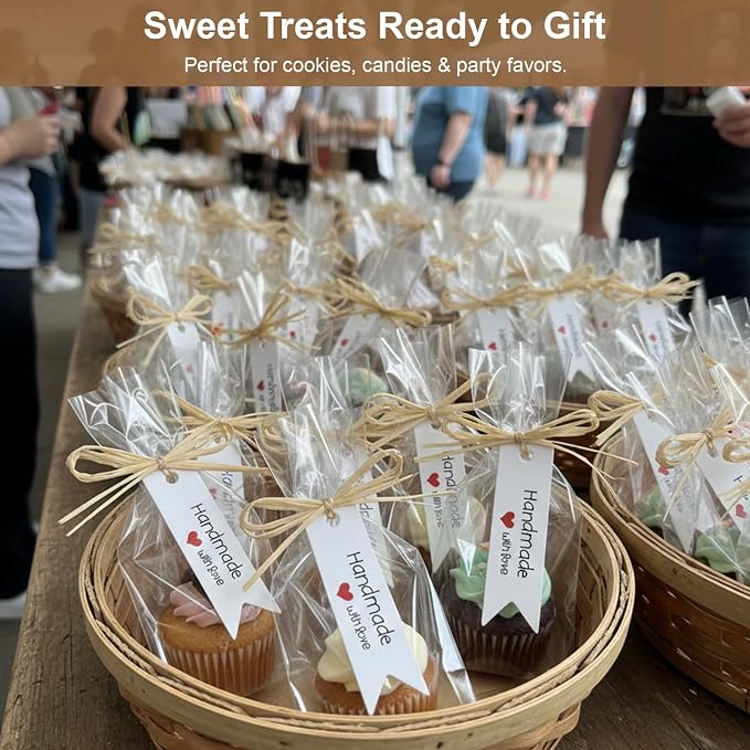 100 Pcs 4.7x7" Plastic Cellophane Bags with 131ft Raffia Ties & 100 Pcs "Handmade with Love" Tags, Clear Goodie Treat Wrappers for Wrapping Homemade Soap Craft Gift Wedding Cookies Candy Snack Party Bakery Favors Christmas (White Tags)