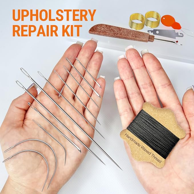 VONEEDL Upholstery Repair Kit: Waxed Sewing Thread (Black Color) & Heavy Duty Needles (11 PCS) for Leather, Canvas & Quilting Thread