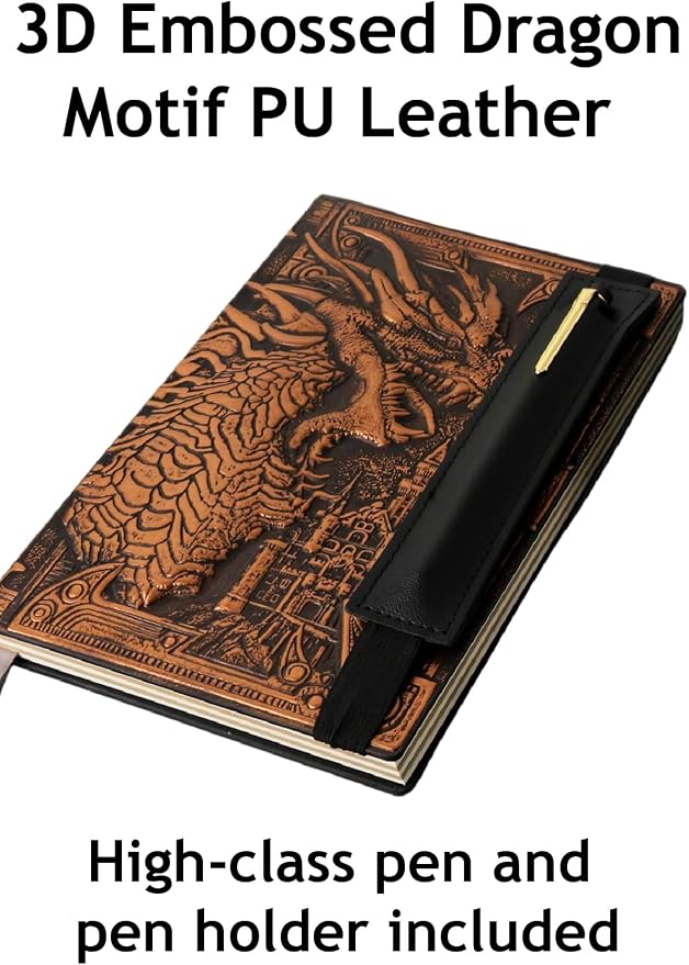 Futhark DND Notebook/Journal - 200 Pages with 3D Bronze Dragon Embossed Faux Leather Cover with Pen and Pen Holder - Ideal for Dungeons & Dragons/D&D. Great RPG Accessories Gift for DM & Players