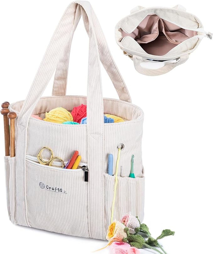 MYBAGZING Crochet Bag and Tote - Corduroy Yarn Bag - Yarn Holder and Storage for Crochet Hooks, Knitting Accessories - Mother's Day Gift