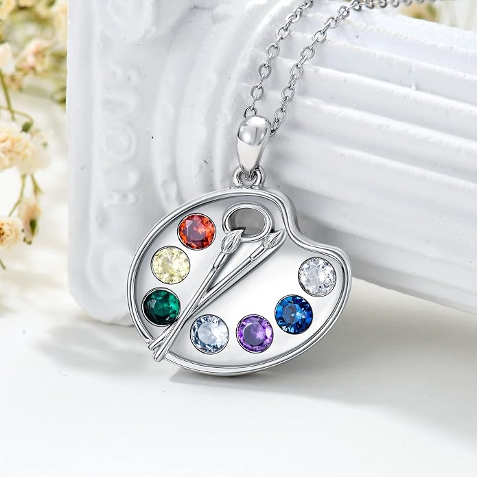 Artist Paint Palette and Brush Necklace - 925 Sterling Silver Pigment Pendant, Colorful Painters Charm, Future Artist Jewelry Gifts for Women