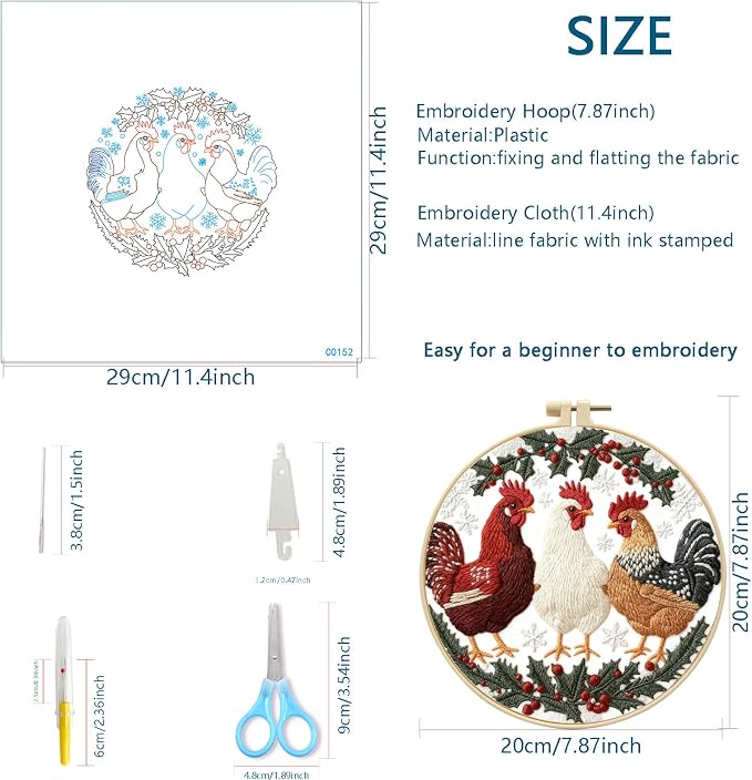 Zhenqing 4-Piece Bird Embroidery Kit for Beginners, Flamingo Swan Chicken Rooster Needlework Set with Pre-Printed Cotton Fabric, Hoop, Threads & Tools, Bird Lover Wall Decor (C0180)