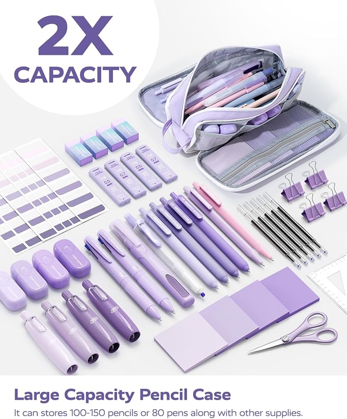 Four Candies Aesthetic Purple School Supplies Kit with Case for Girls