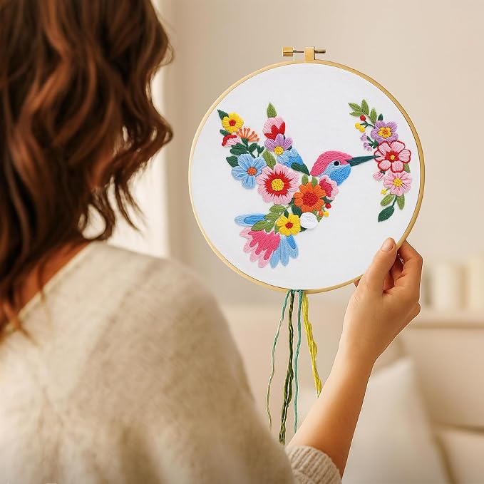 Nuberlic Embroidery Kit for Beginners with Bird and Flower Pattern | Adults Starter Cross Stitch Kit DIY Needlepoint with Hoop, Pre-Printed Fabric, Threads & Step-by-Step Guide