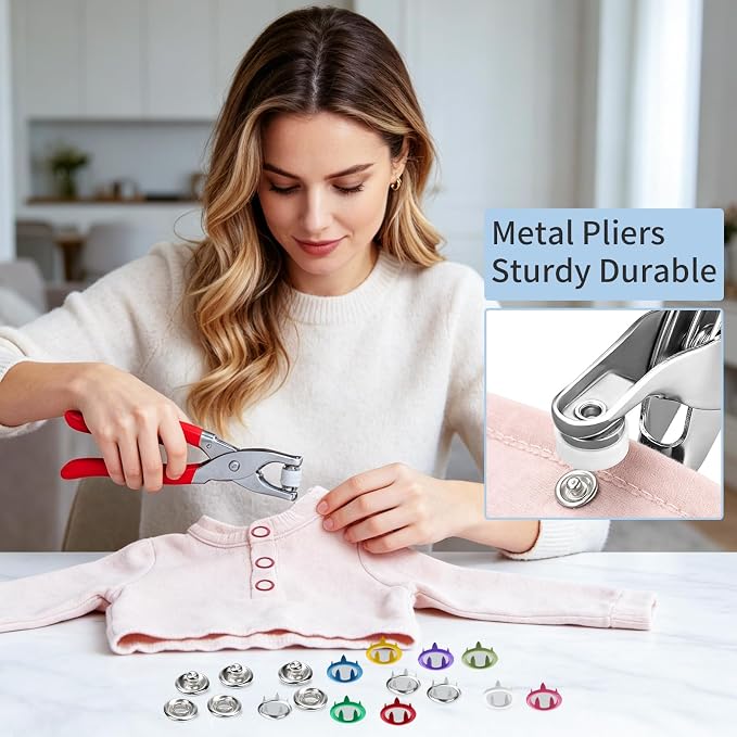 GOLDDUO 9.5mm Colorful Hollow Metal Snap Fasteners Kit with Pliers, 100 Sets (400 Pcs) No-Sew Press Studs in 10 Assorted Colors for Baby Clothes, Sewing & DIY Fabric Crafts