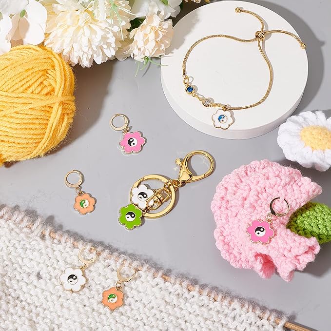 NBEADS 24 Pcs Flower Stitch Markers, Alloy Enamel Yin Yang Crochet Stitch Marker Charms Removable Locking Stitch Marker for Knitting Sewing Accessories (HJEW-PH01723-US6)