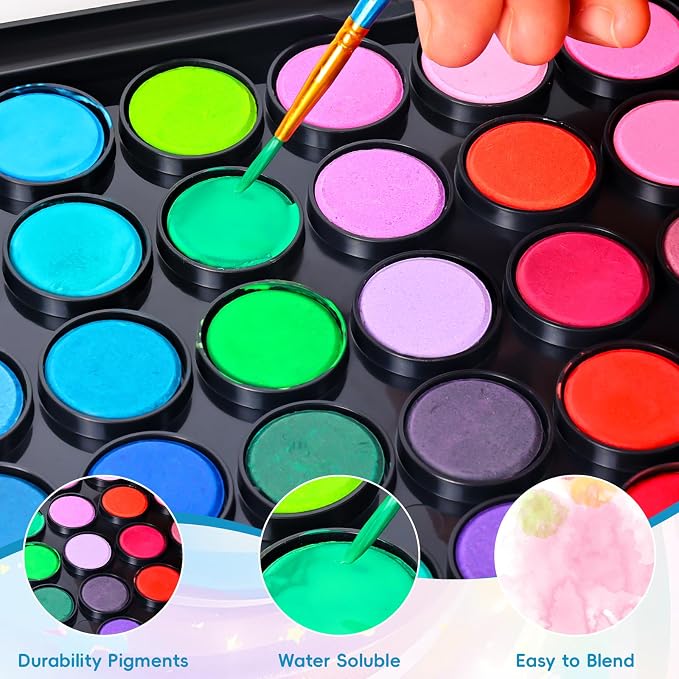 48 Color Solid Watercolor Paint Set with 3 Wooden Brushes for Adults Kids | Washable Watercolor Kit, Safe and Non-Toxic, Detachable Palette, Portable, Ideal Gift for Beginners, Children, Students