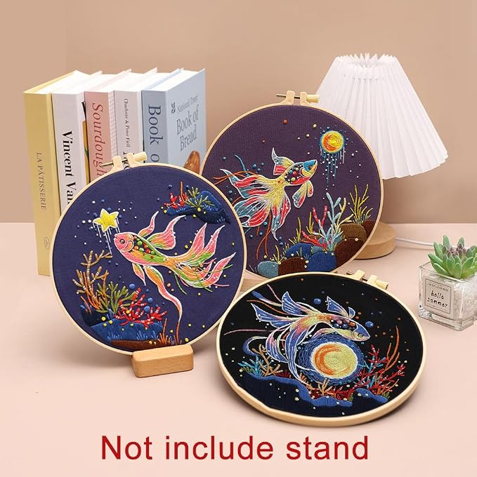 Konrisa Stamped Embroidery Kit for Adults, 3 Set Elegant Goldfish DIY Sewing Needlepoint Cross Stitch Kit with Embroidery Floss,Hoops,Color Thread,Needle,1 pc Hoop