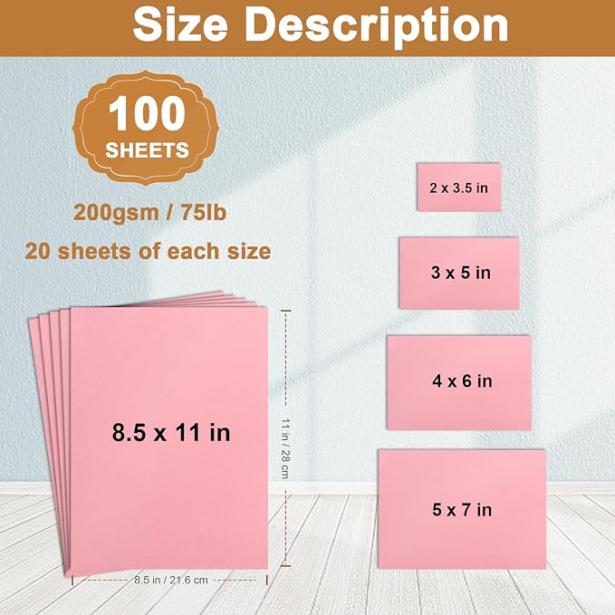 Silunkia 100 Sheets Pink Cardstock 5 Assorted Size Craft Paper 75lb