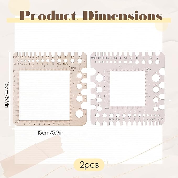 PEOVLVN 2 Pcs Crochet Gauge Measuring Tool, Crochet Stitch Counter Wooden Ruler Knitting Needle Gauge with Multi-Size Holes for Crafts Knitting & Crochet Supplies Accessories (Square)