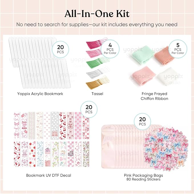 YOPPIX 180 Pcs Acrylic Bookmark Blanks- 20 Set Bookmark Making Kit with 20 UV DTF Stickers About Bow Theme 20 Tassels 20 Ribbon 80 Bookish Stickers for DIY Your Crafts Gift for Book Lover