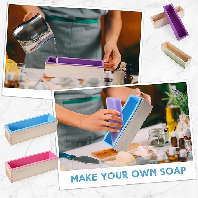 Loaf Soap Making Kit, 44oz Silicone Soap Making Liner Wood Box with Beehive & Hexagon & Rose Mat Creative Honeycomb Mat Mold for DIY Soap Making (Purple & Pink) (Purple Mold-Rose)