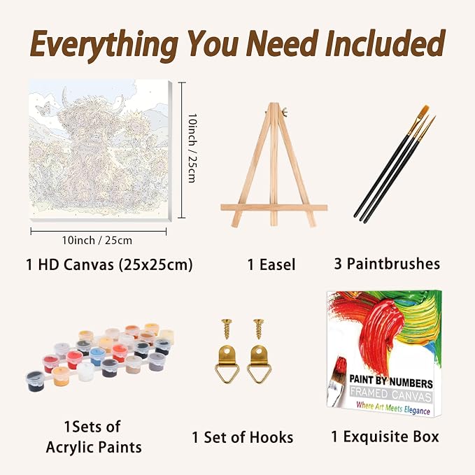 AUKELHJ Framed Paint by Numbers Kit for Adults, Highland Cow, 10x10 inch