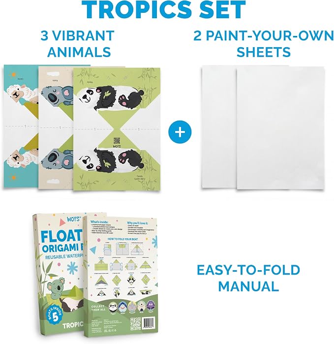 WOYS Floating Origami Boats | Tropical Set | Waterproof Premium Reusable Paper | Screen-Free DIY Arts & Crafts Activity & Gift | 5 Sheets | Bath, Pool & Indoor Play