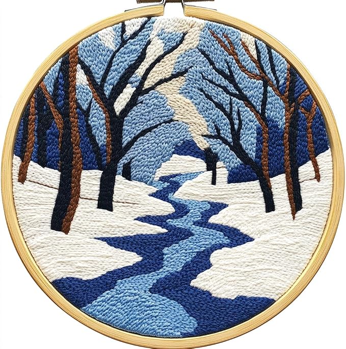 DIY Punch Needle Kits Winter Snow River Trees with Hoop 20x20cm-2