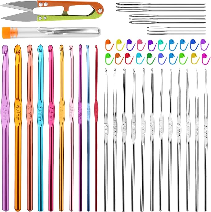 IMZAY 54 Pcs Crochet Hooks Set 0.6–6.5mm Ergonomic Crochet Needles Set | 22 Pcs Crochet Hooks, Coloured Aluminum Knitting Needles Including Hooks, Yarn Needles, Stitch Markers, Hook Case, Scissors