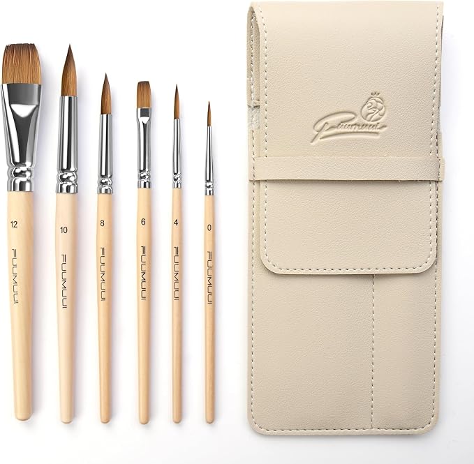 Sable Travel Watercolor Brushes, Fuumuui 6pcs Kolinsky Sable Watercolor Travel Brushes with Short Handles - Detail Liner Pointed Round Flat Wash Mop for Watercolor Gouache Ink Painting