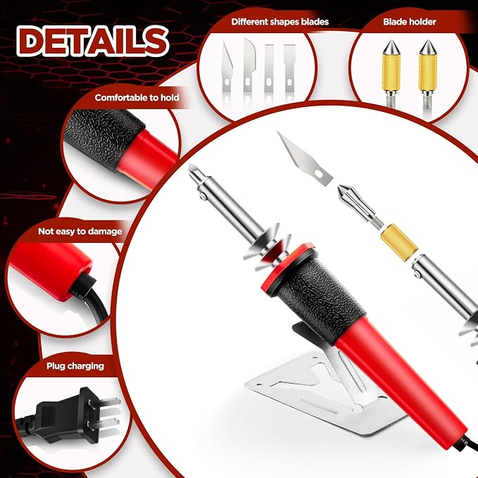 Honoson 22 Pieces Electric Hot Knife Cutter Tool Include Heated Knife Plastic Cutter With Multipurpose 16 Blades 4 Blade Holders Metal Stand For Soft Thin Plastic Foam Stencils(Red)
