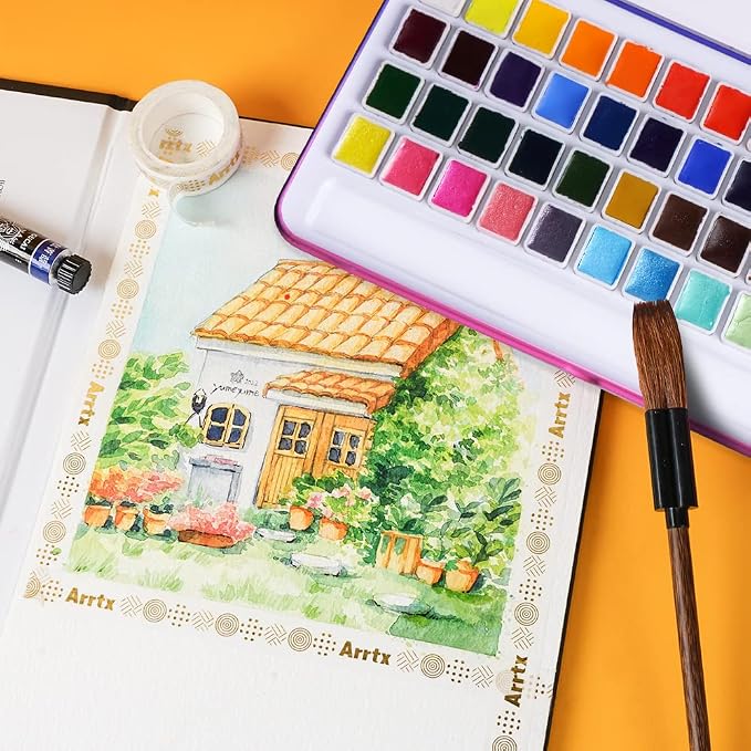 MeiLiang 48 Colors Watercolor Paint Set with Brush | 36 Standard & 12 Glittery Colors, Carrying Box with Metal Ring, Ideal for Beginners, Professionals, and Art Lovers