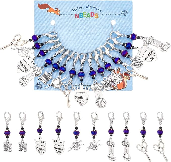 NBEADS 15 Pcs Knitting Stitch Markers, 5 Styles Antique Silver Alloy Crochet Stitch Marker Charms Removable Lobster Clasp Locking Stitch Marker for Knitting Weaving Sewing Accessories