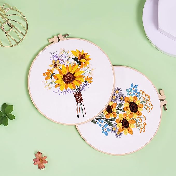 GLTAYLMY 3 Sets Embroidery Starter Kit with Pattern and Instructions, Cross Stitch Set, Stamped Embroidery Kits with 3 Embroidery Clothes with Pattern, 1 Embroidery Hoop(Sunflower)