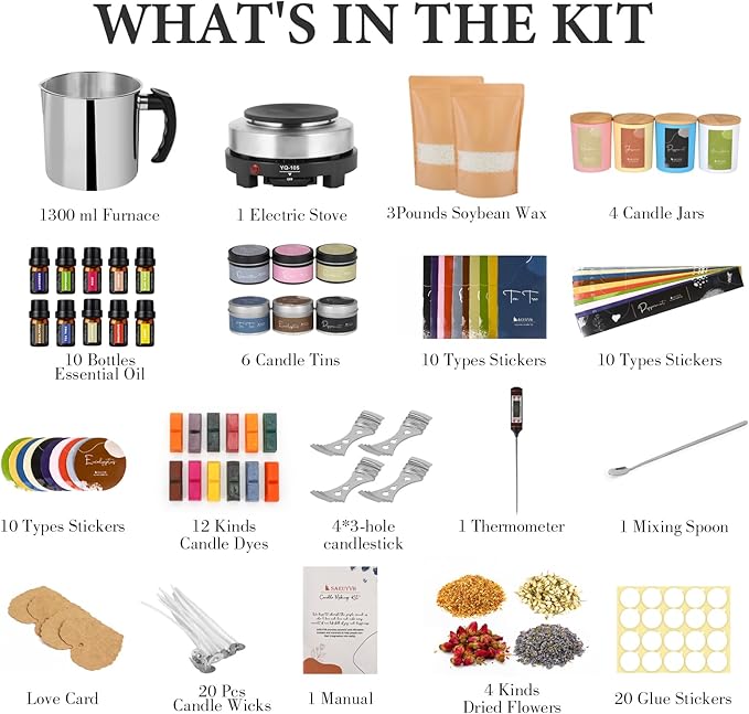 SAEUYVB Candle Making Kit for Adults,Candle Making Supplies with Wax Melter | Beginner-friendly,Complete Starter Candle Kit with 3 lbs Soy Wax,10 Candle Jars,10 Scents,Dyes and More, Perfect forDIY Craft