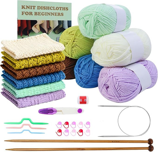 Lewhoo Knitting Kit for Beginners, 6 Patterns Dishcloth Learn to Knit Kit | Step-by-Step Instruction,Complete Knit Starter Kit -Including Yarn, Knitting Needle&Accessories