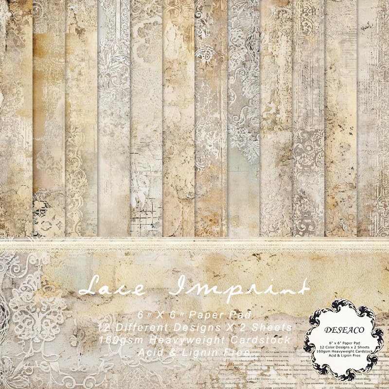 24 Sheets Vintage Lace Scrapbooking Paper Pad 6x6, Neutral Aged Background Craft Paper for Adult Journaling, Card Making, Collage & DIY Scrapbook Projects