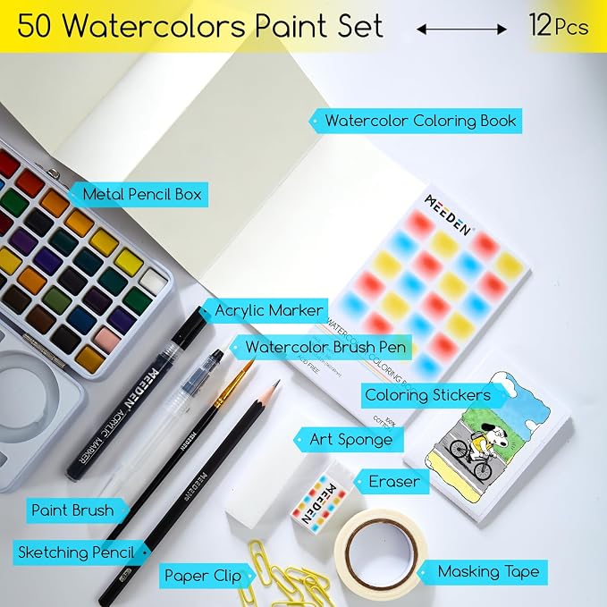 MEEDEN Travel Watercolor Paint Set: 50 Colors with Brushes & Coloring Book