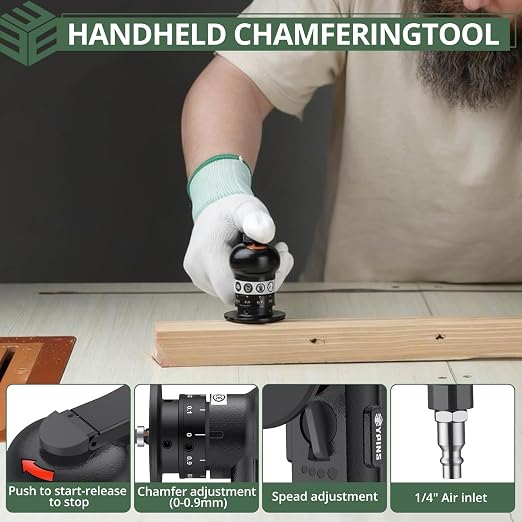 EYPINS Air Chamfer Tool, Mini Pneumatic Chamfering Machine for Metal Wood Steel Brass Acrylic, 45 Degree Arc, 30000 RPM 1/4" Air Deburring Beveling Tool, Pneumatic Roundover Tool with C/R blade, 17PCS