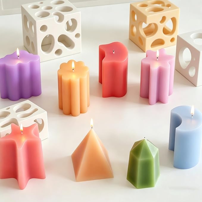 8PCS Reusable Silicone Candle Molds Set - Prism/Square Pyramid/Cloud/Pentagon/Hexagon/Flower/Cat Shapes for DIY Candle Making, Soap, Resin Crafts, Easy Release Candle Making Kit