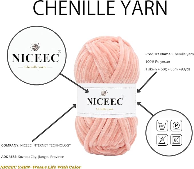 NICEEC 3 Skeins Soft Chenille Yarn 3x85m(3x93yds,3x50g)_Incarnadine Pink