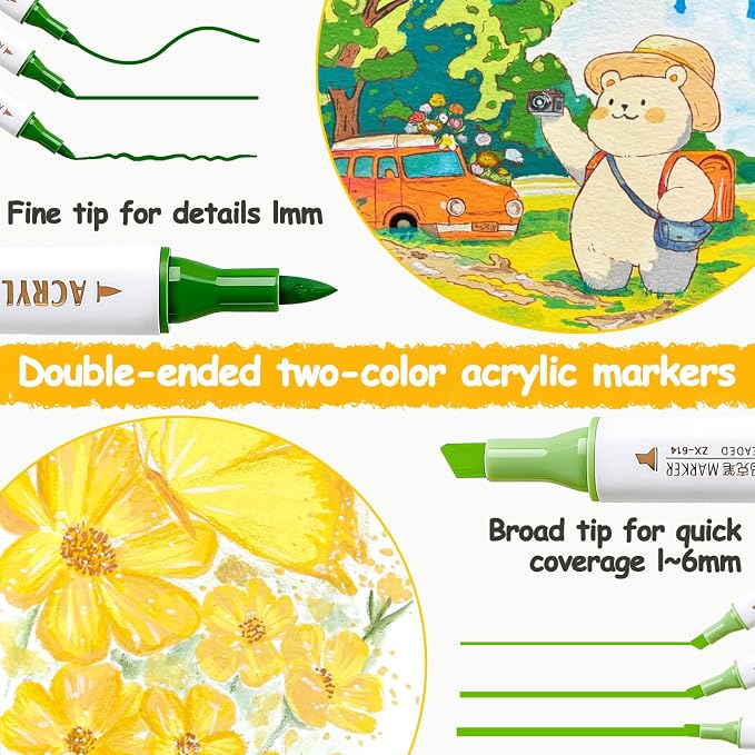 Coloring Acrylic Paint Markers, 24 Colors Dual Tip Chisel & Fine Art Paint Pens Set, Colored Markers for Adult Book Drawing, Rock, Stone, Fabric, Art Supplies Marker Kit for Illustration DIY, 12 Pack