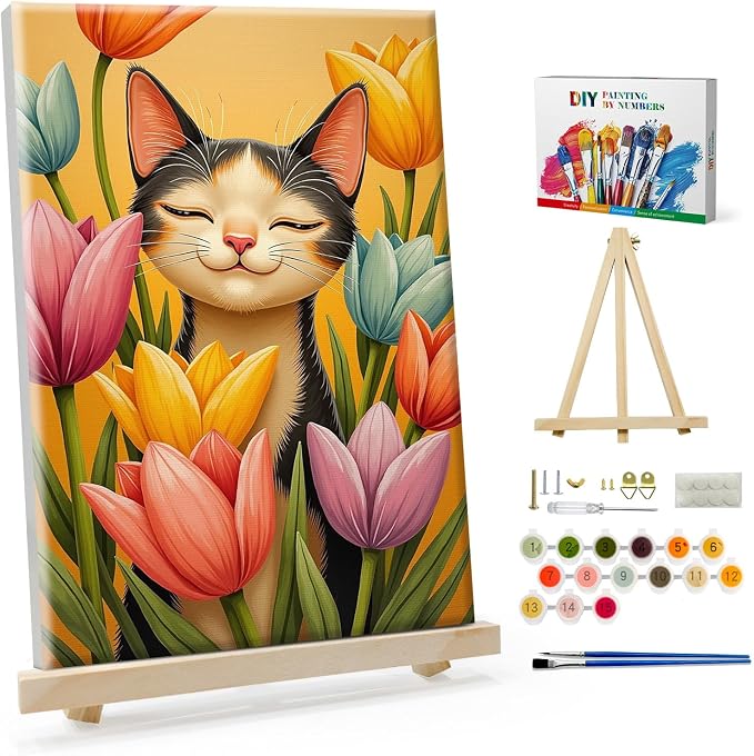 SparkGlow Cat and Flowers Adults Paint by Numbers Kit with Frame | 12×8 Inch Framed Number Painting | Premium Materials | Include Easel | Rich Colors | Gifts |Wall Decoration