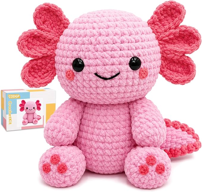 CODGP Crochet Kit for Beginners, 11-Inch Axolotl Crochet Kit for Adults | Crochet Starter Kit Gift, Animal Amigurumi Kit, Durable Chenille Yarn, Full Supplies, Step-by-Step Videos, for Crochet Lovers