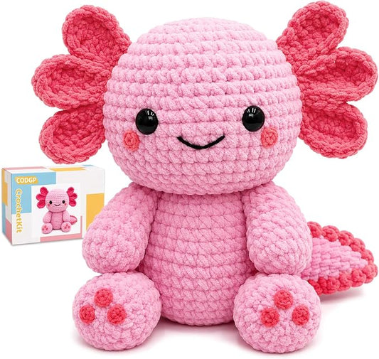CODGP Crochet Kit for Beginners, 11-Inch Axolotl Crochet Kit for Adults | Crochet Starter Kit Gift, Animal Amigurumi Kit, Durable Chenille Yarn, Full Supplies, Step-by-Step Videos, for Crochet Lovers