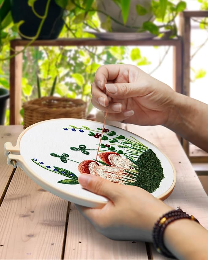 Embroidery Kit for Adult, 5 Sets Mushroom Embroidery Kit for Beginners | Include Embroidery Cloth Hoops Threads for Craft Lover Hand Stitch with Embroidery Skill Techniques