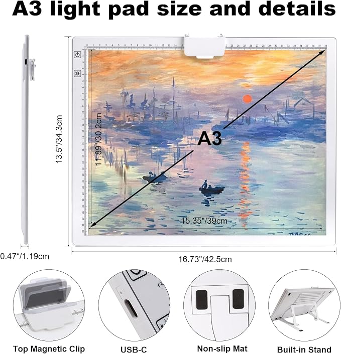 YINGWOND A3 Rechargeable LED Light Pad,Light Box for Tracing with Integrated Stand,3 Light Colors 6 Levels of Brightness and stepless dimming,Light Board for Diamond Painting,Drawing,Artists