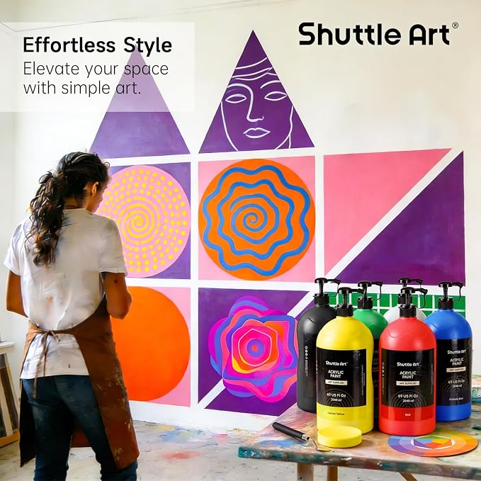 Shuttle Art 6 Colors Acrylic Paint Set, 69oz/2040ml Large Capacity Pump Bottles, Rich Pigments, High Coverage Paint, Fast Drying, Non-Toxic, for Canvas Wood Ceramic Rock Painting & DIY Crafts