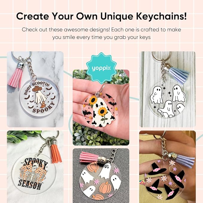 YOPPIX 140 PCS Acrylic Keychain Blank Set, Halloween Ghost Double-Sided UV DTF Stickers Acrylic Keychain Making Kits for Vinyl DIY Craft Project