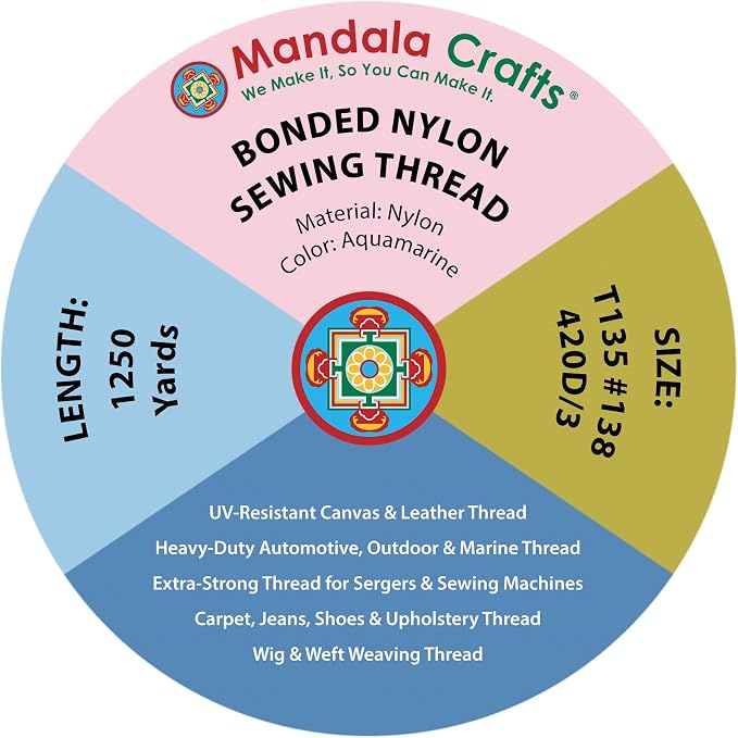 Mandala Crafts Size 138 420D T135 Aquamarine Bonded Nylon Thread, 1250 YDs