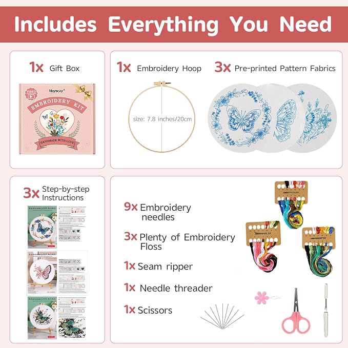 Meyocky Butterfly Flower Embroidery Kit for Beginners with Stitch Videos | 3 Pre-Printed Patterns Embroidery Kits for Adults, Step-by-Step Guide, Hoop Threads Needles, Sewing Hand Craft Gift for Women