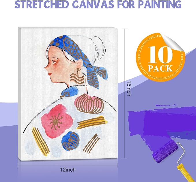 ESRICH Stretched Canvas for Painting 12x16 Inch, 10 Pack Blank Canvas -5/8 in Profile Primed Cotton White Canvases for Painting for Oil & Acrylic Paint