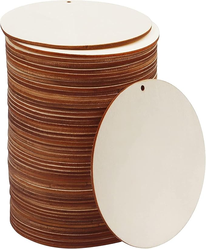 FSWCCK 100 PCS 4 Inch Wood Circles for Crafts – Round Blank Discs with Holes, Unfinished Wooden Cutouts for DIY, Painting, Staining, Coasters,Laser Engraving Sign Blanks, Ornament (4inch-100 Pack)