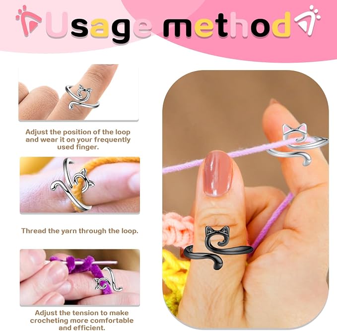4PCS Adorable Crochet Rings with 7PCS Cat Stitch Markers and 20PCS Stitch Needle Clip Counter,Adjustable Tension Rings for Finger Accessories and Gadgets,Ideal Yarn Guide Ring Knitting Tools for Women