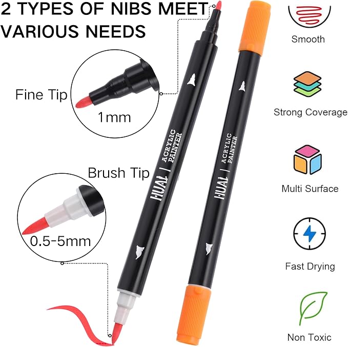 HUAL Dual Tip Acrylic Paint Pens, 24 Colors Fine & Brush Tip Markers for Professional Artists, DIY Crafts on Rock, Ceramic, Wood, Glass, Fabric & Canvas, Non-Toxic, Waterproof Art Supplies