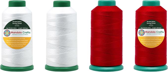 Mandala Crafts Size 69 210D T70 White Red Bonded Nylon Thread, 6000 YDs