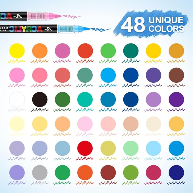 Guangna Acrylic Paint Markers Brush Tip, 48 Vivid Colors with Direct-Liquid Ink System, Professional-Grade Paint Pen for Rock Painting, Canvas, Glass, Plastic, Fabric & Creative Crafts
