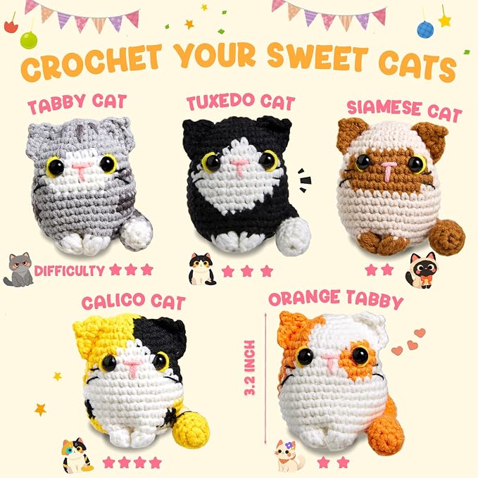 MAGIMUSE Crochet Kit for Beginners, 5 Cat Crochet Amigurumi Craft Kit
