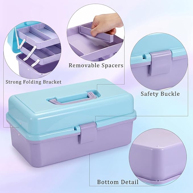 BTSKY 3-Layer Plastic Dividing Storage Box Craft Organizer and Storage | Portable Handled Art Supply Organizer with Adjustable Spacers Multipurpose Home Utility Box for Medicine Sewing(Blue+Purple)